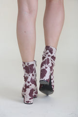 Brown Cow Print Block Chunky Heel Ankle Western Boots - Miraluna