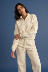 Beige Contrast Striped Stand Collar Sweatshirt With Wide Leg Trouser - Elara