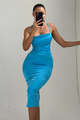 Sky Blue Satin Strappy Tie Detail Bodycon Midi Dress - Zyra