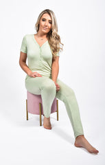 Sage Rib Button Up Short Sleeve Jumpsuit - Olivia