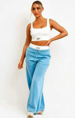 Blue Cropped Sleeveless Ribbed Top with Contrast Wide Leg Trousers Co ord Set - Skyla