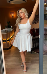 White Square Neck Backless Tie Bow Skater Mini Dress - Majesta