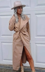 Camel Waterfall Draped Duster Maxi Coat - Danira
