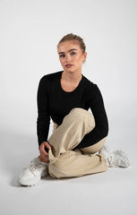 Black Ribbed Long Sleeve Backless Crop Top - Jenavira