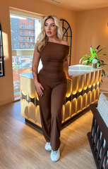 Brown Ribbed Slash Neck Top with Wide Leg Trouser Loungewear Set - Bellina