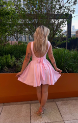 Pink Square Neck Backless Tie Bow Skater Mini Dress - Majesta