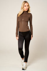 Chocolate High Neck Fitted Zip Up Lightweight Jacket - Sovanna
