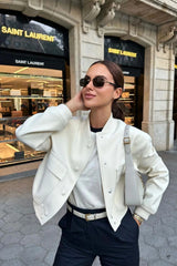 White Cropped Long Sleeve Bomber Jacket - Hiva