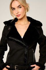 Black Faux Suede Aviator Jacket - Skylar