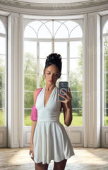 White Backless Halter Neck Tie Back Flowy Skater Mini Dress - Charistéa