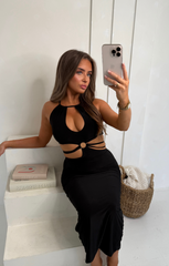 Black V Neck Cut Out Ring Detail Maxi Dress - Arabelle