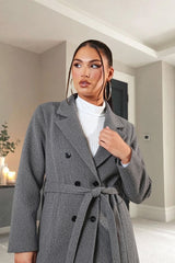 Charcoal Double Breasted Black Button Detail Belted Trench Coat - Eliana