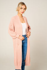 Dusty Pink Knitted Long Sleeve Pocket Detail Ribbed Cardigan - Leanne