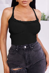 Black Ruched Bust Frill Detail Criss Cross Strappy Crop Top - Clara