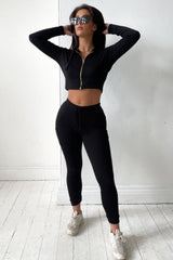Black Ribbed Zip Front Hoodie & Joggers Two Piece Set - Callie