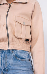 Beige Zip Up Long Sleeve Cargo Pocket Cropped Sweatshirt - Ayla