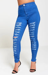 Blue Ripped Extreme Distressed High Waisted Disco Skinny Jeans - Nayelith