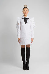 White Blair Collar Bow Dress with Open Ruffle Sleeve Detail- Terry