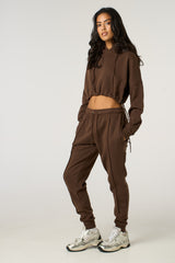Chocolate Boxy Cropped Hoodie Cuffed Joggers Loungewear Set - Cailleigh