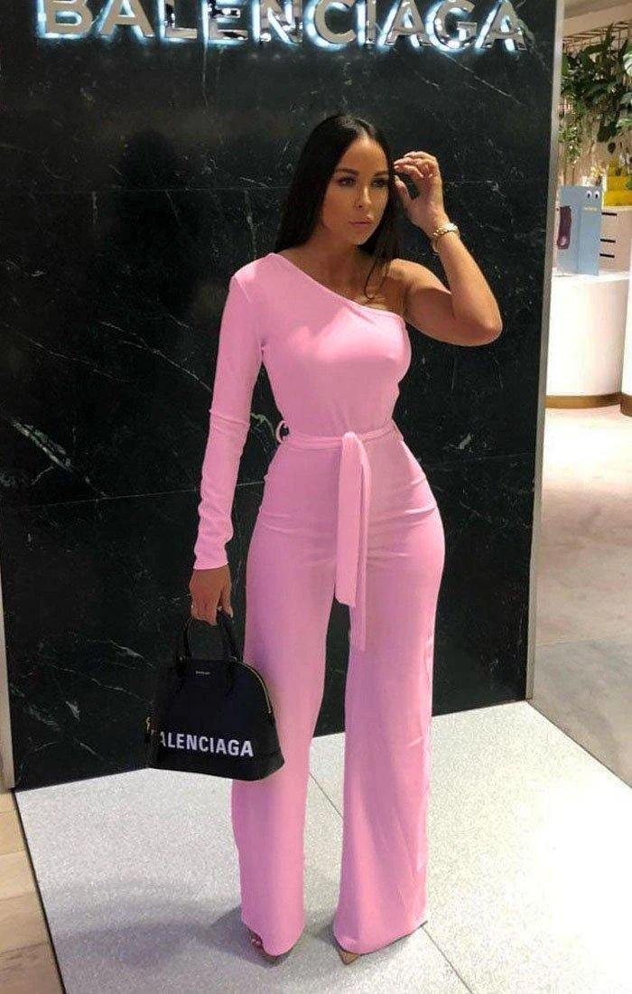 2022 Chic Pink One-shoulder Feather Jumpsuit - TheCelebrityDresses
