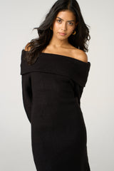 Black Bardot Neckline Ribbed Knit Mini Dress - Yalina