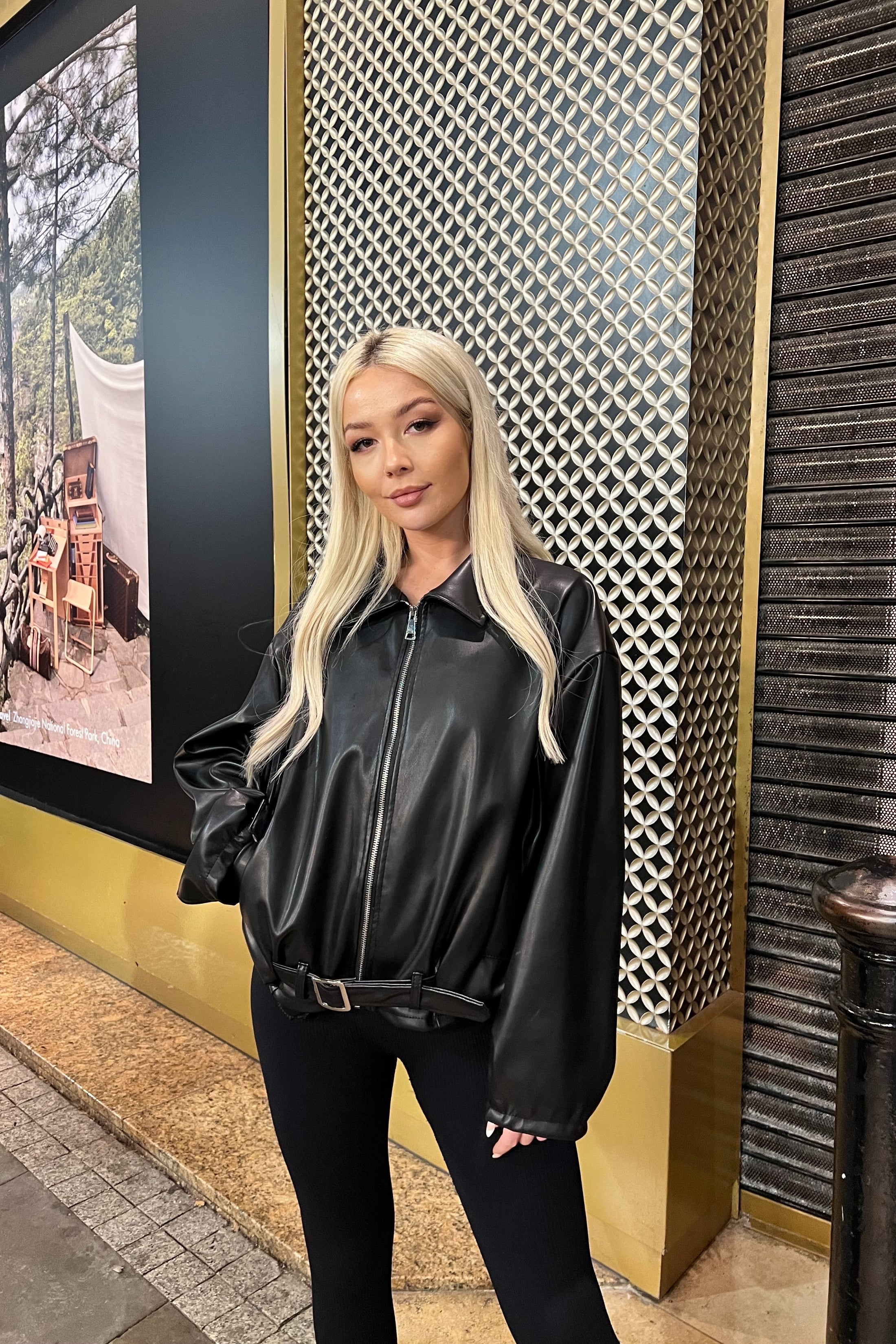 Black Oversized Faux Leather PU Biker Zip Up Moto Jacket