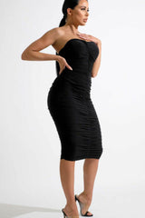 Black Strapless Ruched Midi Dress - Salma