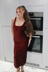 Wine Sequin Sleeveless Sparkly Bodycon Midi Dress - Romancia