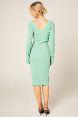 Sage Ribbed V Neck Midi Jumper Dress - Ivy