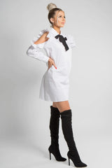 White Blair Collar Bow Dress with Open Ruffle Sleeve Detail- Terry