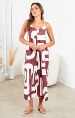 Brown And White Strappy Backless Geometric Print Wide Leg Jumpsuit - Renata