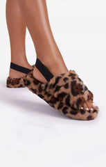 Leopard Fluffy Faux Fur Elasticated Back Flatform Slippers - Amara