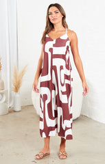 Brown And White Strappy Backless Geometric Print Wide Leg Jumpsuit - Renata