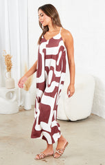 Brown And White Strappy Backless Geometric Print Wide Leg Jumpsuit - Renata