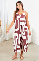 Brown And White Strappy Backless Geometric Print Wide Leg Jumpsuit - Renata