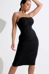 Black Strapless Ruched Midi Dress - Salma
