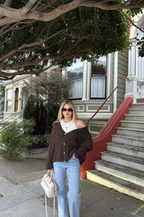 Brown Fluffy Knit V Neck Gold Button Up Soft Chunky Cardigan - Sibelina