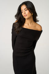 Black Bardot Neckline Ribbed Knit Mini Dress - Yalina