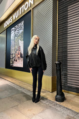 Black Oversized Faux Leather PU Biker Zip Up Moto Jacket - Rosavelle
