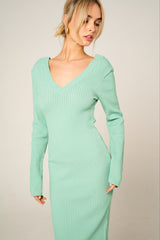 Sage Ribbed V Neck Midi Jumper Dress - Ivy