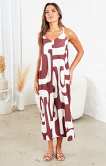 Brown And White Strappy Backless Geometric Print Wide Leg Jumpsuit - Renata