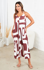 Brown And White Strappy Backless Geometric Print Wide Leg Jumpsuit - Renata