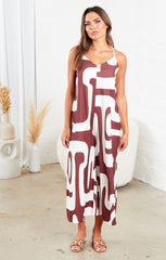Brown And White Strappy Backless Geometric Print Wide Leg Jumpsuit - Renata