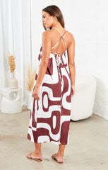 Brown And White Strappy Backless Geometric Print Wide Leg Jumpsuit - Renata