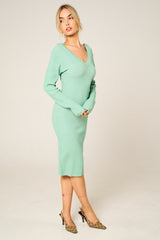 Sage Ribbed V Neck Midi Jumper Dress - Ivy