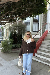 Brown Fluffy Knit V Neck Gold Button Up Soft Chunky Cardigan - Sibelina