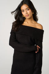 Black Bardot Neckline Ribbed Knit Mini Dress - Yalina