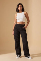 Black Cargo Wide Leg Relaxed Fit Utility Trousers - Menisa
