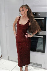 Wine Sequin Sleeveless Sparkly Bodycon Midi Dress - Romancia