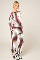 Brown Contrast Striped Molly Button Top and Wide Leg Trousers - Elisanta